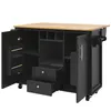 A black kitchen island with a wooden countertop, open doors, and drawers. Produktbild-Vorschau