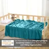A teal fleece blanket is draped over a wooden crib. A teddy bear and a pillow are also on the crib. Náhled obrázku produktu