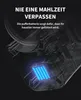 A close-up view of a transparent device showing a battery pack with blue glowing cells, with German text overlay. Produktbild-Vorschau