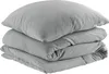 A stack of folded grey bedding, including a pillow and a duvet cover, on a white background. Produktbild-Vorschau