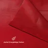 A close-up of red fabric, likely a bedsheet, with a graphic and text indicating durable colors. Produktbild-Vorschau