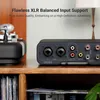 Close-up of the rear panel of an audio amplifier, showing various input and output ports, placed on a wooden shelf next to a turntable. Produktbild-Vorschau