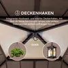 Close-up view of a gazebo ceiling with a hook for hanging decorations, showing examples of a hanging plant and a lantern. Produktbild-Vorschau