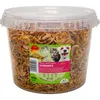 A clear plastic bucket filled with dried shrimp, featuring a colorful label with images of various animals and product information. Produktbild-Vorschau