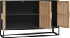 A black sideboard with two wooden slatted doors, shown open, on a white background. Náhled obrázku produktu