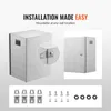 A marketing image showing a stainless steel electrical enclosure and its mounting hardware, with text highlighting ease of installation. Náhled obrázku produktu