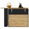 A modern bar cabinet with a wooden countertop and black front panels, featuring a basket of oranges and bottles on top. Produktbild-Vorschau