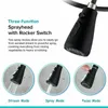 A close-up of a black kitchen faucet spray head with text and diagrams explaining its three functions: stream, spray, and pause modes. Náhľad obrázku produktu
