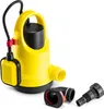 A yellow submersible pump with accessories on a white background. Produktbild-Vorschau