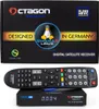 Product packaging and the satellite receiver with its remote control. Produktbild-Vorschau