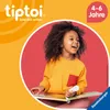 A young girl is sitting and reading a book, holding a tiptoi pen. The background is a vibrant red circle with an orange, wavy pattern behind it. Produktbild-Vorschau