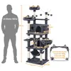 A diagram showing a cat tree with dimensions and a silhouette of a person for scale, along with a text box detailing weight limits. Produktbild-Vorschau