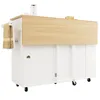 A white kitchen island with a wooden countertop and a towel hanging from the side. Podgląd zdjęcia produktu
