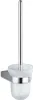A toilet brush holder with a chrome handle and a frosted glass cup, mounted on a wall. Anteprima dell’immagine prodotto
