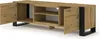 A wooden TV cabinet with black metal legs, shown from a slightly elevated diagonal angle with its doors open. Podgląd zdjęcia produktu