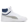 A side view of a white Puma Shuffle Mid sneaker with gray and blue accents. Produktbild-Vorschau