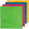 Four microfiber cloths are stacked diagonally on a white background. The cloths are green, pink, teal, and yellow, with the green cloth in the foreground. Podgląd zdjęcia produktu