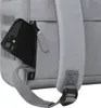 A close-up view of a gray backpack with a smartphone inserted into a side pocket. Produktbild-Vorschau