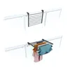 A hanging drying rack is shown attached to a railing, first empty and then with clothes on it. Produktbild-Vorschau