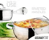 A collage of images showcasing a stainless steel pot with food inside and vegetables next to it, highlighting product features. Podgląd zdjęcia produktu