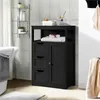 A black wooden bathroom cabinet with three drawers and a door, placed in a bathroom setting next to a bathtub. Produktbild-Vorschau