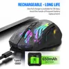 A close-up of a transparent gaming mouse with RGB lighting, connected to a USB-C cable, with marketing text and a battery icon. Produktbild-Vorschau