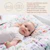 A baby lying on a patterned surface, with text and icons above. Podgląd zdjęcia produktu