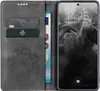 A grey flip case for a smartphone, with cards and a banknote inserted, and the smartphone screen displaying the time and date. Produktbild-Vorschau