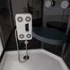 Interior view of a modern shower cabin, showing a shower head panel, a built-in seat, and the shower tray. Anteprima dell’immagine prodotto