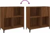 Two identical brown wooden shelving units are shown side-by-side against a white background. An arc with two arrows above them indicates they can be joined or separated. Produktbild-Vorschau