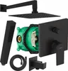 A collection of black shower fixtures and components, including a showerhead, hand shower, hose, and valve body, arranged on a white background. Produktbild-Vorschau