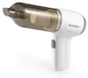 A white and gray handheld vacuum cleaner with a transparent dustbin and a filter is shown against a white background. Produktbild-Vorschau