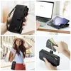 A collage of four images showcasing a black leather wallet-style phone case with a zipper and card slots, a woman using the case outdoors, a laptop with a tablet in a case, and a close-up of cards being inserted into the case. Produktbild-Vorschau