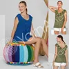 A collage of images showing women wearing crocheted tops, with one woman sitting on a colorful pouf. Produktbild-Vorschau
