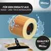 A filter is shown with water splashing around it, and a vacuum cleaner nozzle on a wet floor below. Produktbild-Vorschau