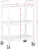 A white three-tiered rolling cart with dimensions indicated by measurement lines and text. Produktbild-Vorschau