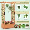 A wooden planter box with a trellis structure, adorned with various plants and flowers, and featuring descriptive text and images highlighting its features. Podgląd zdjęcia produktu