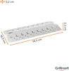 A product shot of a metal grill heat shield with dimensions indicated by measurement lines and text. Produktbild-Vorschau