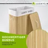 A bamboo laundry basket with a lid and internal dividers, presented with marketing text and a close-up detail of the bamboo texture. Produktbild-Vorschau