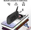 A motorcycle helmet communication device is shown in the foreground, with several smartphone screens displaying music, maps, and a rider on a motorcycle in the background. Icons representing phone, navigation, and music are also visible. Produktbild-Vorschau