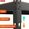 Close-up of a black metal shelving unit with orange text overlays highlighting features. Anteprima dell’immagine prodotto