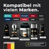 Collage showing different brands of coffee machines and indicating compatibility with cleaning tablets. Some machines are shown with coffee being dispensed. Produktbild-Vorschau