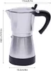 A silver moka pot with a black handle and base, shown from a side angle with dimensions indicated by text overlays. Náhled obrázku produktu
