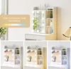 A collage of images showing a vanity table with a lighted mirror and shelves, displaying different lighting modes. Voir les images du produit
