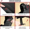 A collage of four images demonstrating the installation steps for a car seat cover. Produktbild-Vorschau