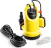 A yellow submersible pump with accessories on a white background. Produktbild-Vorschau