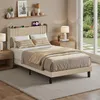 A bedroom scene with a bed, nightstands, and a window overlooking a garden. Produktbild-Vorschau