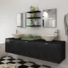 A modern bathroom vanity with two sinks, mirrors, and shelves with toiletries. Produktbild-Vorschau