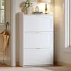 A white shoe cabinet with three flip-down doors is shown in a hallway next to a door with an umbrella. The top of the cabinet has decorative items like a vase with flowers, books, and a lamp. Náhled obrázku produktu