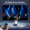 A projector is shown projecting an image of a band performing on stage, with musical notes and sound waves emanating from the projector and a smartphone in the foreground. Produktbild-Vorschau